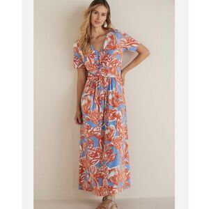 Soft Surroundings Spritzer Maxi Dress Size Medium Floral Short Sleeve V-Neck